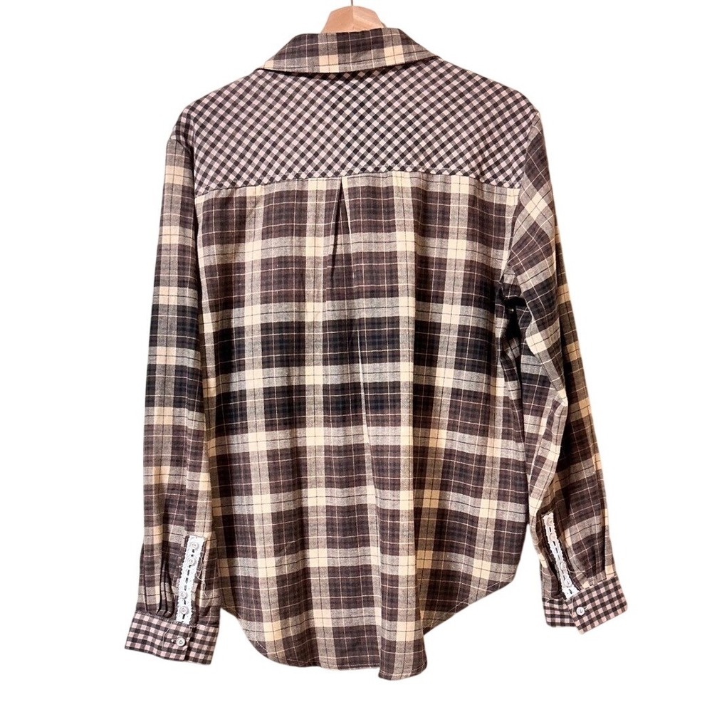 POL Brown Plaid Lace Trim Button Down Shirt RCT978 Mixed Pattern Womens Small - Picture 2 of 9